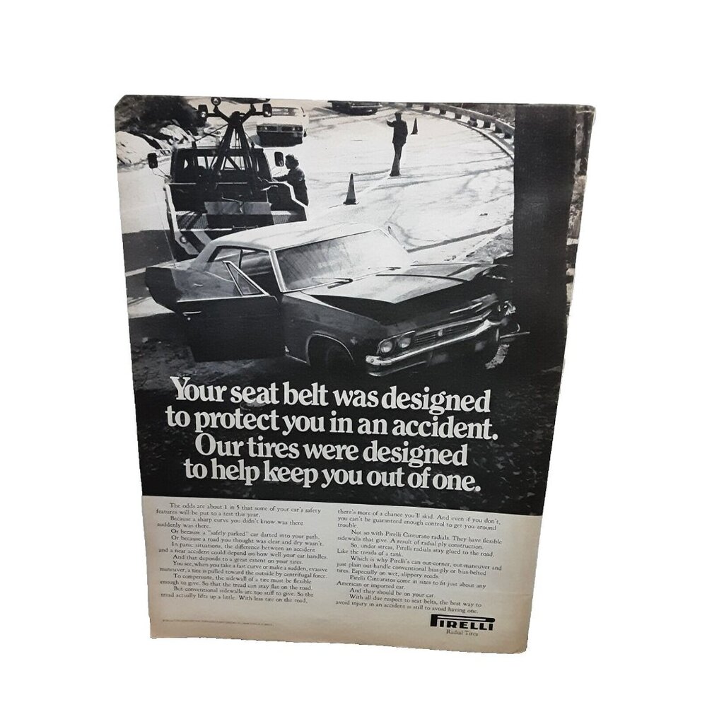 1971 Pirelli Tires with a 1965 Chevy Belair Biscayne 4 Door Original Print Ad